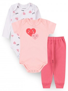 Kit Body Bebê Menina Suedine Heart Pink
