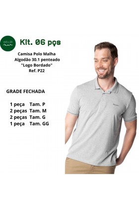 Kit Camisa Polo Malha Weller Detalhes Pontilhados Punho e Gola Logo Bordado - Chumbo Mescla Claro