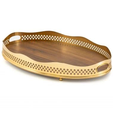 Bandeja Ouro 24k C/Galeria Oval e Fundo Madeira St James