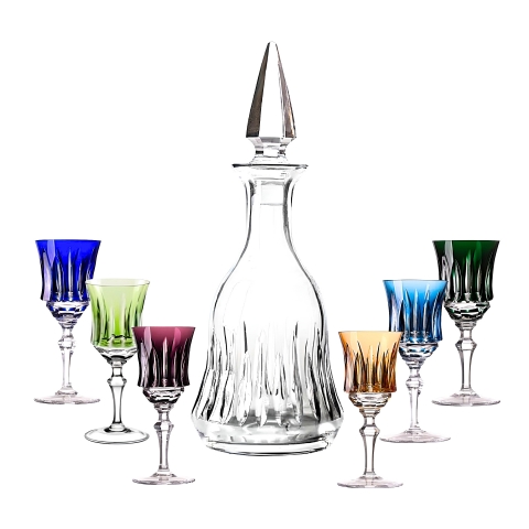 Kit Licoreira Cristal Incolor e 6 Taças Cristal Coloridas Lapidado 66