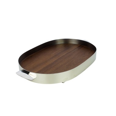 Bandeja Aço Inox Arredondada C/Fundo Madeira St James