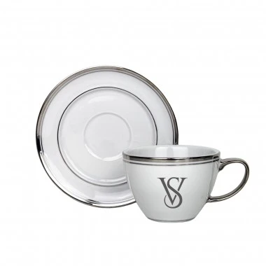 Kit 6 Xicaras e Pires de Porcelana Monograma Personalizadas Prata