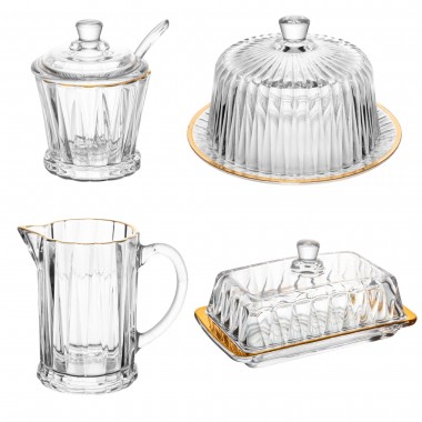 Kit 4 Pcs de Cristal(queijeira - Manteigueira - Açucareiro - Leiteira) de Cristal C/Fio Dourado Radial