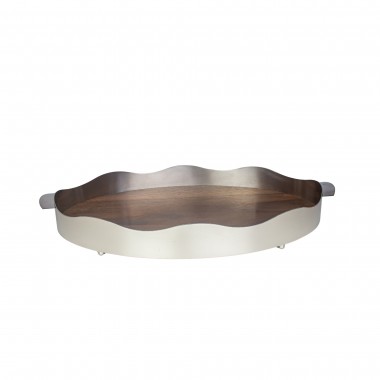 Bandeja Galeria Lisa Oval Média Aço Inox com Fundo de Madeira St James