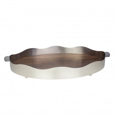 Bandeja Galeria Lisa Oval Grande Aço Inox com Fundo de Madeira St James