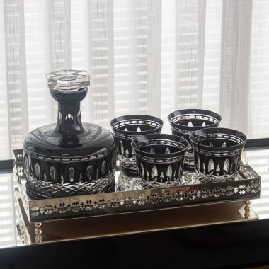 Kit Garrafa Whisky e 4 Copos Cristal Lapidado 68 Preto