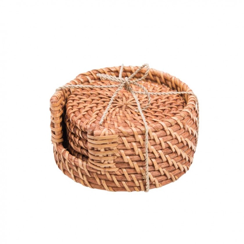 Porta Copos Circular Rattan Cerejeira 4 Peças Porta Copos Circular Rattan Cerejeira 4 Peças