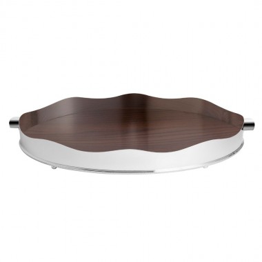 Bandeja Galeria Lisa Oval Média Aço Inox com Fundo de Madeira St James
