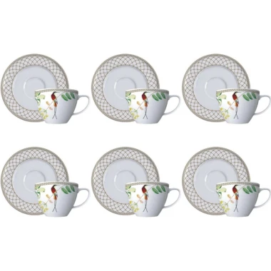 Conjunto 6 Xícaras e 6 Pires P/Chá de Porcelana Bela Fauna
