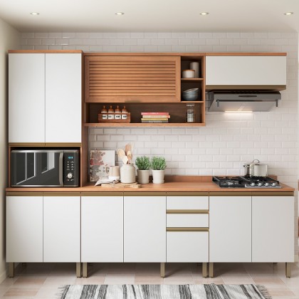 Cozinha Completa Macadâmia Armário e Balcão Freijó/Branco - Telasul