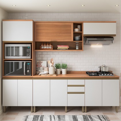 Cozinha Completa Macadâmia Torre Quente e Balcão Freijó/Branco - Telasul