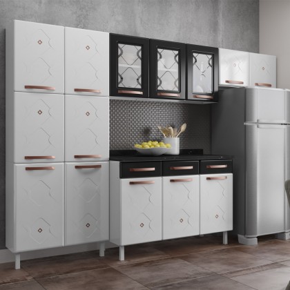 Cozinha Aço Completa Mirage New 3vidros C/Balcão Branco/Preto - Telasul
