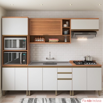Cozinha Completa Macadâmia Torre Quente e Balcão P/ Pia Freijó/Branco - Telasul