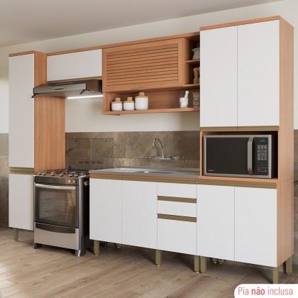 Cozinha Completa Macadâmia com Balcão de Pia Freijó/Branco - Telasul