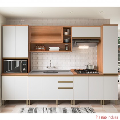 Cozinha Completa Macadâmia C/ Armário e Balcão de Pia Freijó/Branco - Telasul
