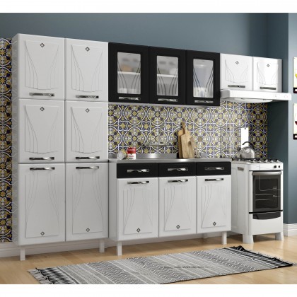 Cozinha de Aço Completa Star New 3vidros Balcão P/ Pia Branco/Preto - Telasul