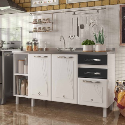 Balcão de Cozinha de Aço Star New 150cm para Pia Branco/Preto - Telasul