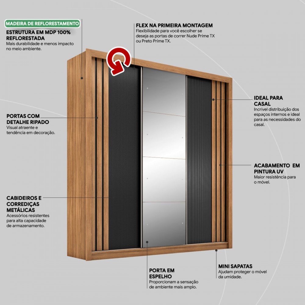 Guarda-Roupa Casal Moema 3 Portas 2 Gavetas Flex com Espelho Amêndola Nude/Preto  Prime Tx - Demóbile