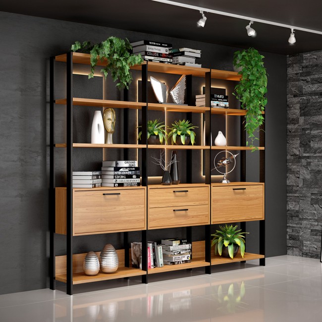 Estante para Livros 2 Portas 2 Gavetas Industrial Freijó/Preto - Dalla Costa