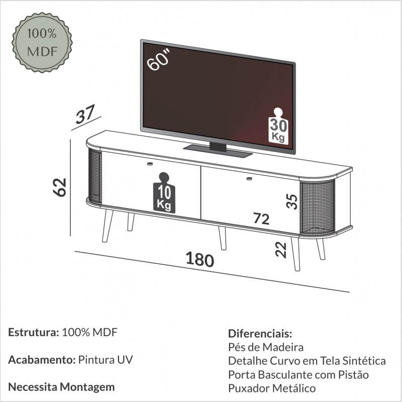 Rack para TV Até 60 Polegadas 2 Portas Tela Sintética Curve Freijó ...