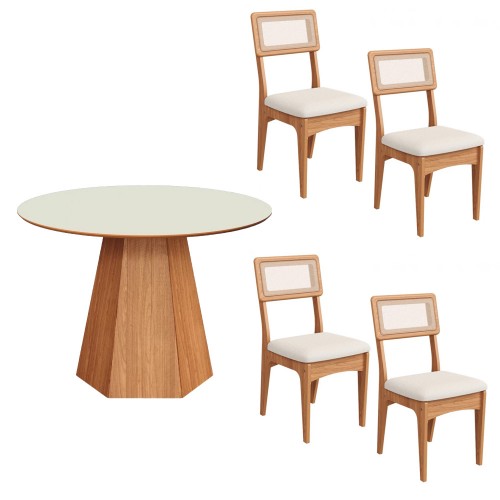 Conjunto Sala de Jantar Mesa Lisboa Hexagonal Off White/Freijó com 4 Cadeiras Palha Sintética 100% Mdf Freijó/Cesare Claro J23