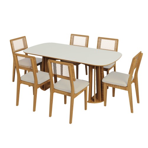 Conjunto Sala de Jantar Mesa Nature Off White/Freijó com 6 Cadeiras Palha Sintética Ca35 Césare Claro