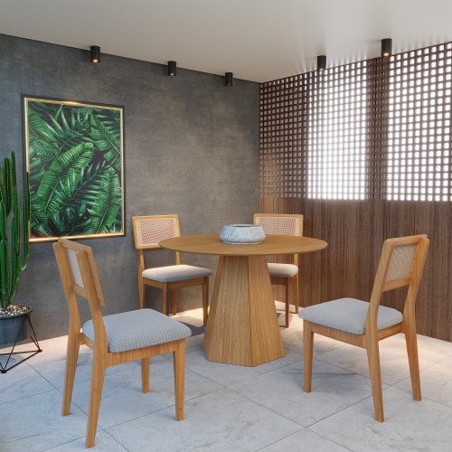 Conjunto Sala de Jantar Mesa Lisboa Hexagonal Freijó Tm80 com 4 Cadeiras Palha Sintética Ca35 - Freijó/Bege Rústico Claro