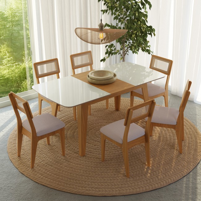 Conjunto Sala de Jantar Mesa Lisboa Extensível com 6 Cadeiras Tela Sintética Freijó/Off White/ Bege Claro Rústico
