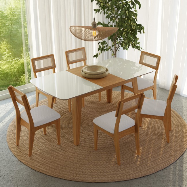 Conjunto Sala de Jantar Mesa Lisboa Extensível com 6 Cadeiras Tela Sintética Freijó/Off White/Césare Claro