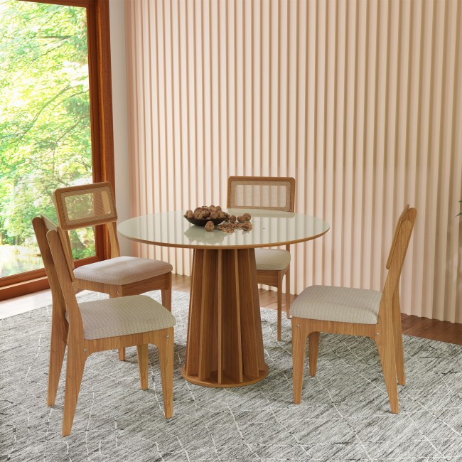 Conjunto Sala de Jantar Mesa Redonda Nature com 4 Cadeiras Tela Sintética Freijó/Off White/Bege Claro Rústico