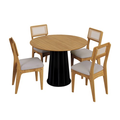 Conjunto Sala de Jantar Mesa Redonda Nature com 6 Cadeiras Tela Sintética Freijó/Preto Fosco/Bege Claro Rústico