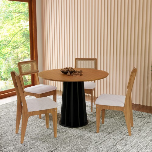 Conjunto Sala de Jantar Mesa Redonda Nature com 6 Cadeiras Tela Sintética Freijó/Perto Fosco/Césare Claro