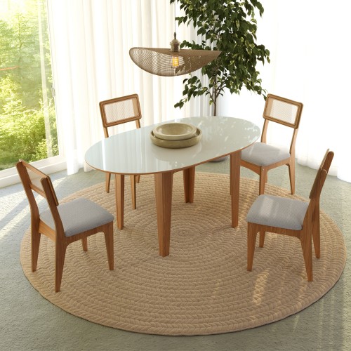 Conjunto Sala de Jantar Mesa Nature Extensível com 4 Cadeiras Tela Sintética Freijó/Off White/Bege Claro Rústico