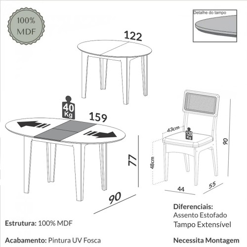 Conjunto Sala de Jantar Mesa Nature Extensível com 4 Cadeiras Tela Sintética Freijó/Off White/Césare Claro Bouclé