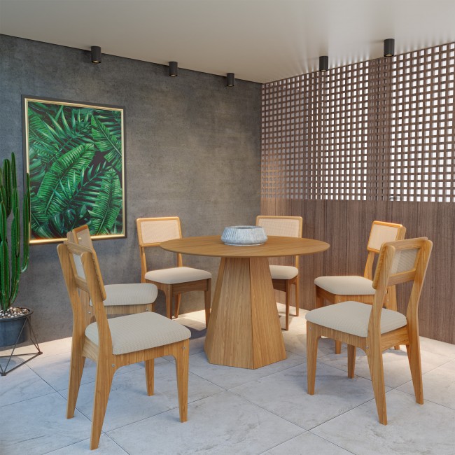 Conjunto Sala de Jantar Mesa Lisboa Base Hexagonal com 6 Cadeiras Tela Sintética Freijó/Bege Claro Rústico