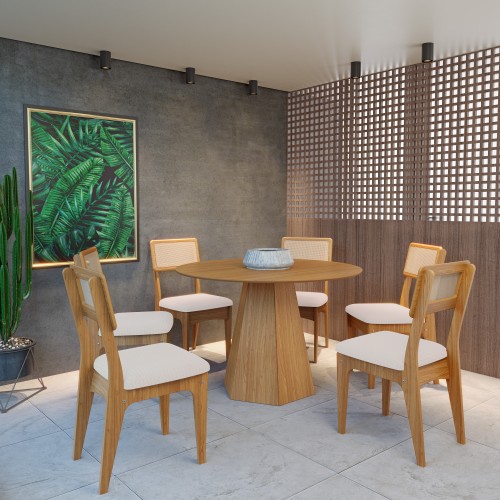 Conjunto Sala de Jantar Mesa Lisboa Base Hexagonal com 6 Cadeiras Tela Sintética Freijó/Césare Claro Bouclé