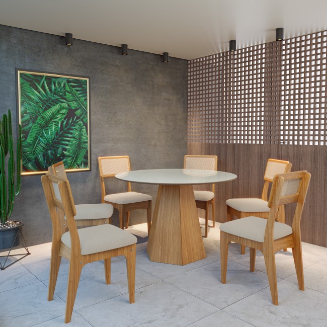 Conjunto Sala de Jantar Mesa Lisboa Base Hexagonal com 6 Cadeiras Tela Sintética Freijó/Off White/Bege Claro Rústico