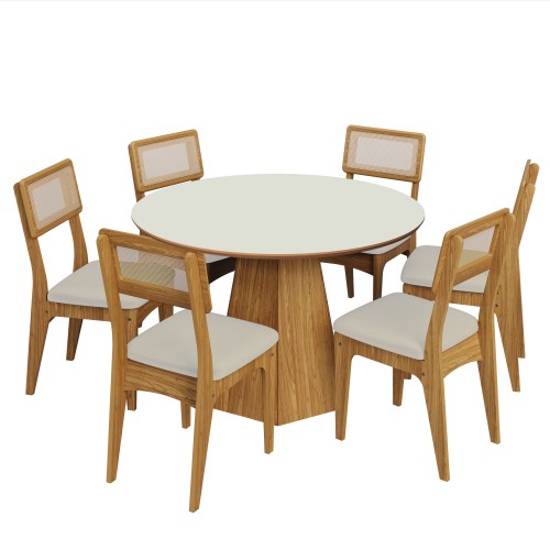 Conjunto Sala de Jantar Mesa Lisboa Base Hexagonal com 6 Cadeiras Tela Sintética Freijó/Off White/Césare Claro Bouclé
