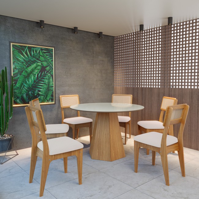 Conjunto Sala de Jantar Mesa Lisboa Base Hexagonal com 6 Cadeiras Tela Sintética Freijó/Off White/Césare Claro Bouclé