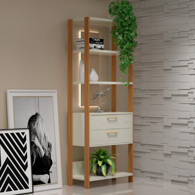 Estante para Livros 2 Gavetas Industrial E91 Wj Off White/Freijó - Dalla Costa