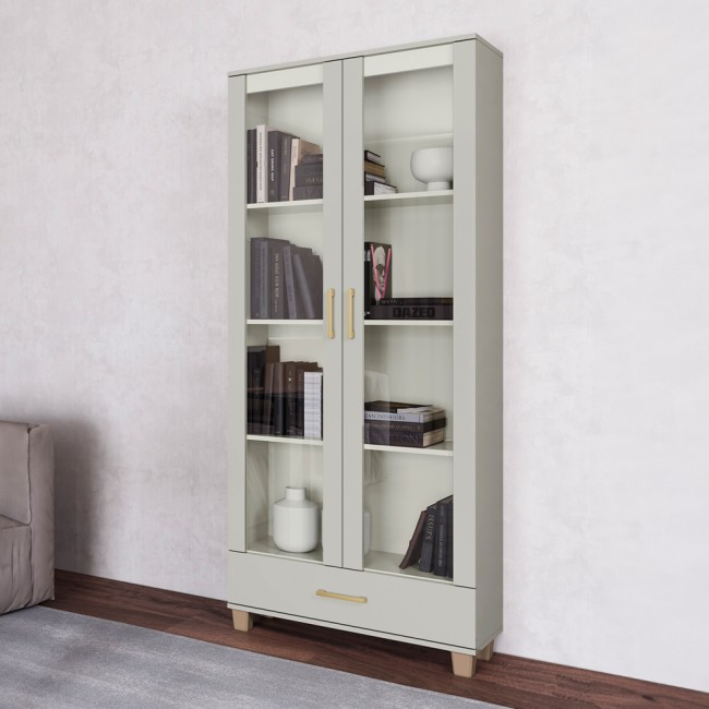 Estante para Livros 1 Gaveta 2 Portas Vidro Industrial Off White - Dalla Costa