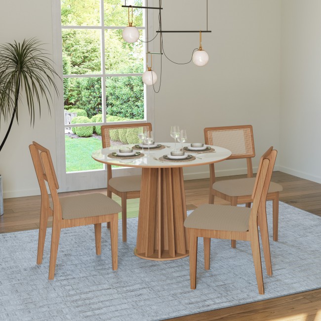 Conjunto Sala de Jantar Mesa Redonda Nature com 4 Cadeiras Tela Sintética Off White/Freijó/Bouclé Césare Escuro