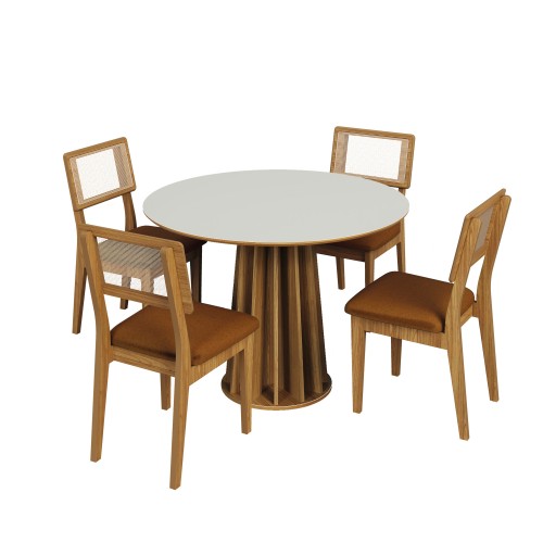 Conjunto Sala de Jantar Mesa Redonda Nature com 4 Cadeiras Tela Sintética Off White/Freijó/Vermelho Veronese