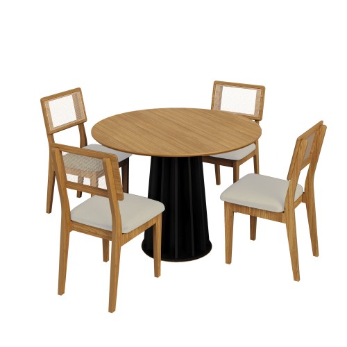 Conjunto Sala de Jantar Mesa Redonda Nature com 4 Cadeiras Tela Sintética Freijó/Preto/Bouclé Césare Claro