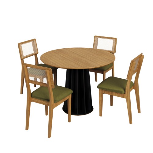 Conjunto Sala de Jantar Mesa Redonda Nature com 4 Cadeiras Tela Sintética Freijó/Preto/Verde