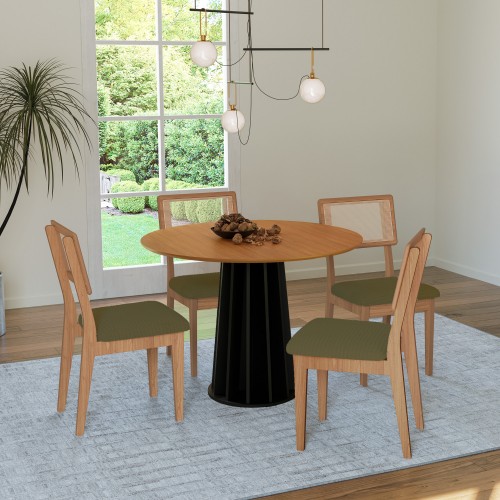Conjunto Sala de Jantar Mesa Redonda Nature com 4 Cadeiras Tela Sintética Freijó/Preto/Verde