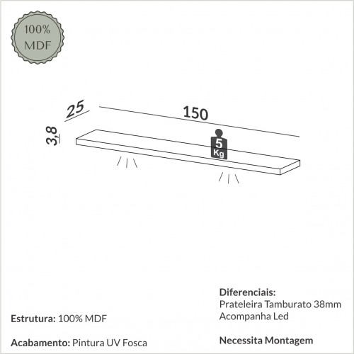 Prateleira com Led 150cm Basic Off White - Dalla Costa