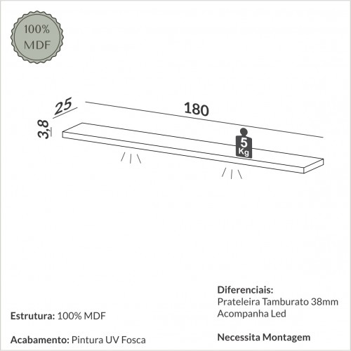 Prateleira com Led 180cm Basic Preto Fosco - Dalla Costa