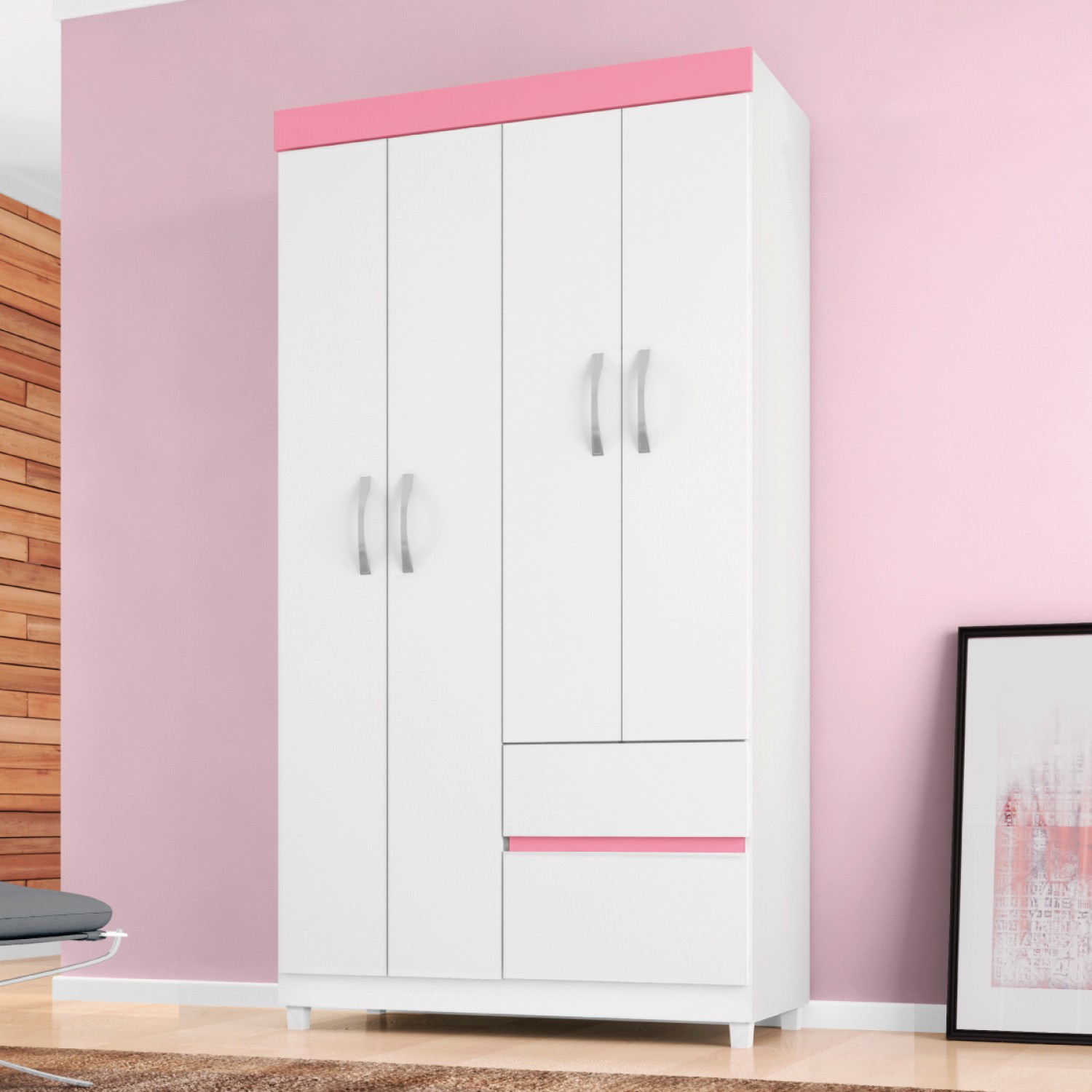 Guarda-Roupa 4 Portas Lótus Branco/Rosa - Demóbile Guarda-Roupa 4 Portas Lótus Branco/Rosa - Demóbile