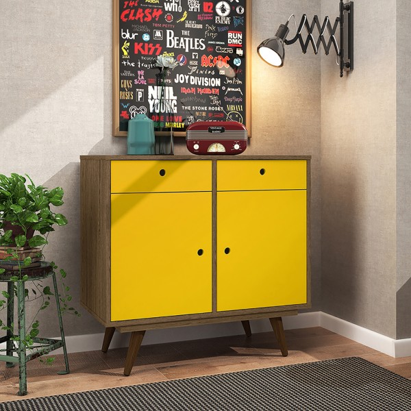 Aparador Buffet Retro 90 2 Portas 2 Gavetas Rustik Carvalho/Amarelo Ac - Olivar Móveis